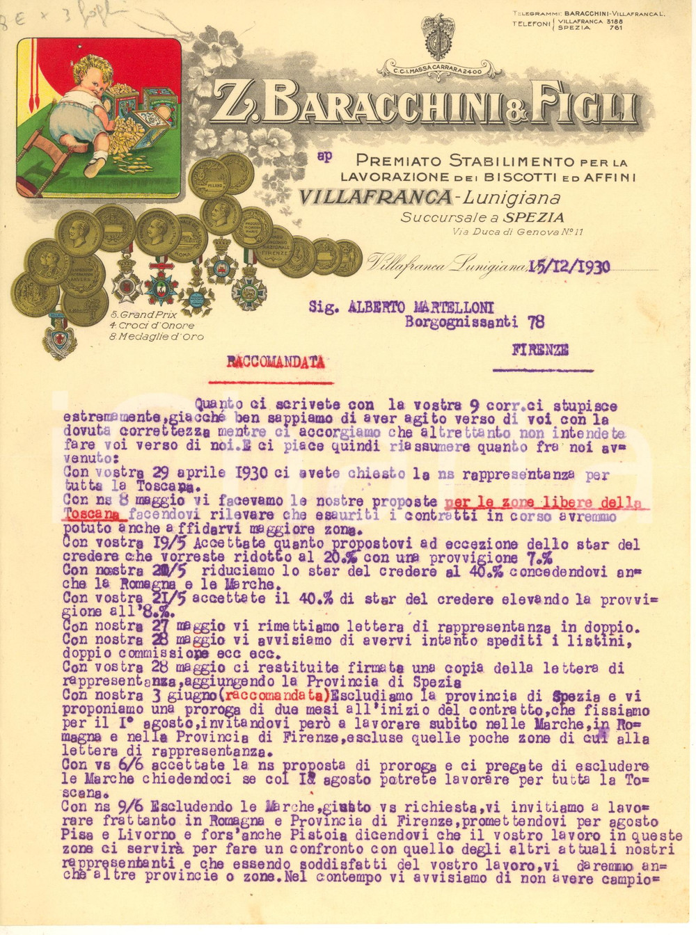 Documento originale, autentico 1930 VILLAFRANCA IN LUNIGIANA Stabilimento biscotti Lettera INCOMPLETA 1