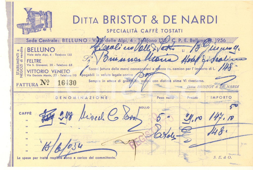Documento originale, autentico 1934 BELLUNO Viale delle Alpi  Ditta BISTROT & DE NARDI Caffè tostati Fattura 1