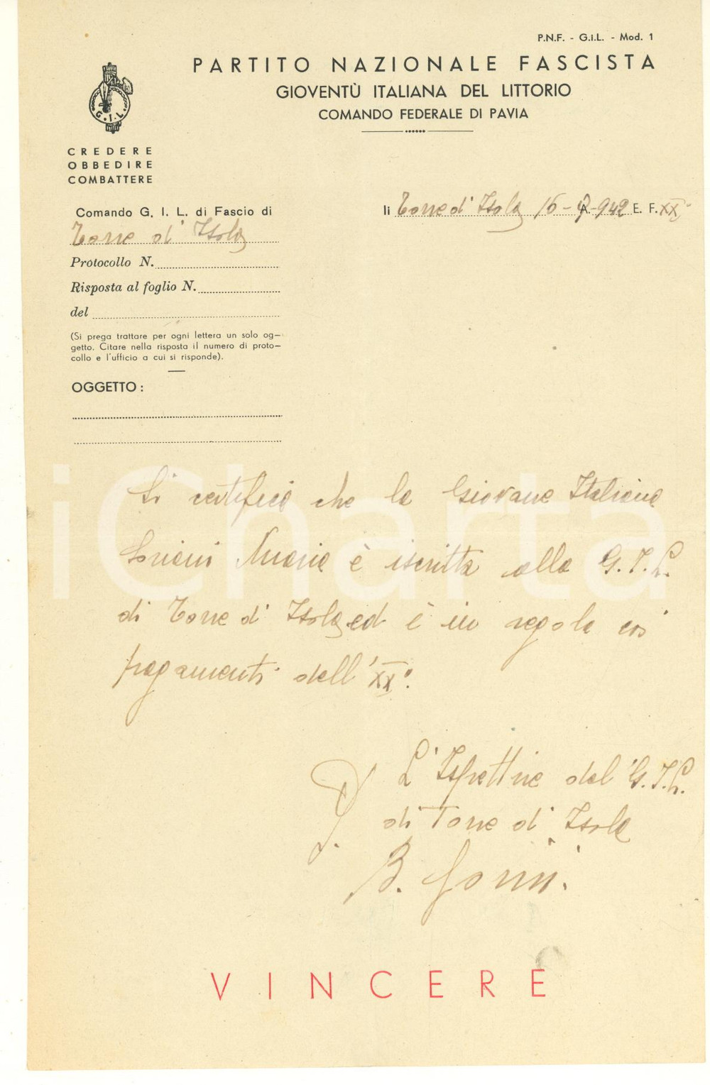 Documento originale, autentico 1942 PNF TORRE D ISOLA PV Certificato Maria SORIANI piccola italiana 1