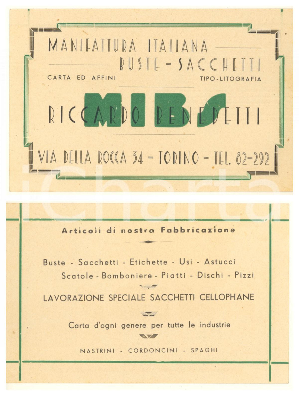 Materiale pubblicitario d’epoca 1930 ca TORINO Via della Rocca  Riccardo BENEDETTI Buste e sacchetti Biglietto 1