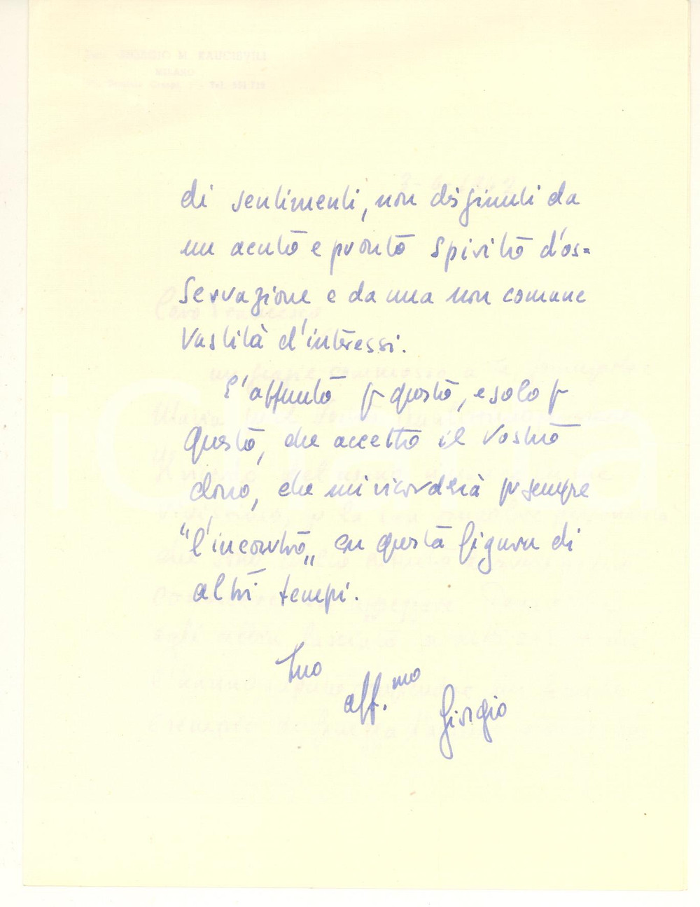 Autografo originale 1962 MILANO Lettera Giorgio KAUCISVILI in memoria del nonno  AUTOGRAFO 1