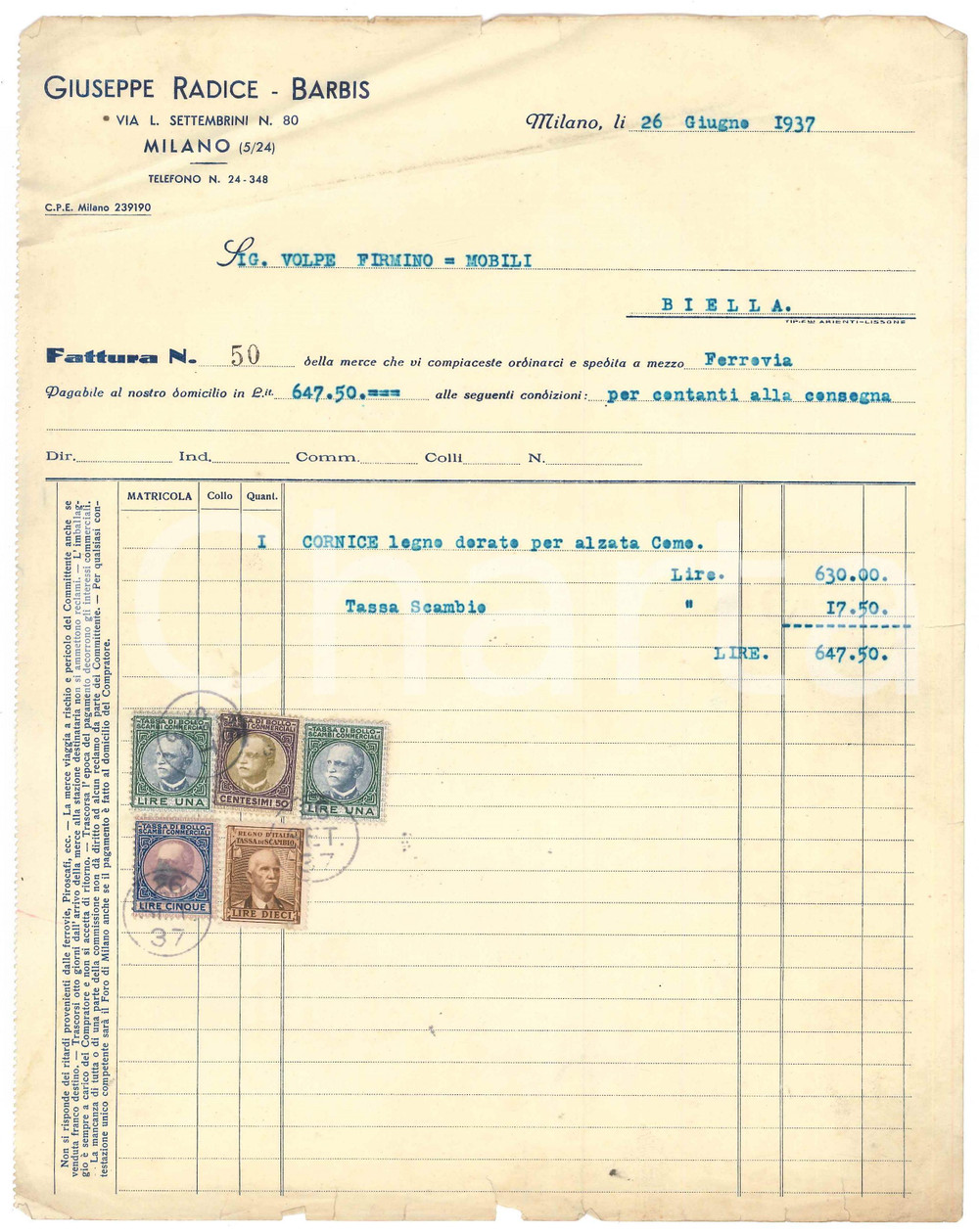 Documento originale, autentico 1937 MILANO Via L Settembrini 80 Giuseppe RADICE BARBIS Corniciaio  Fattura 1
