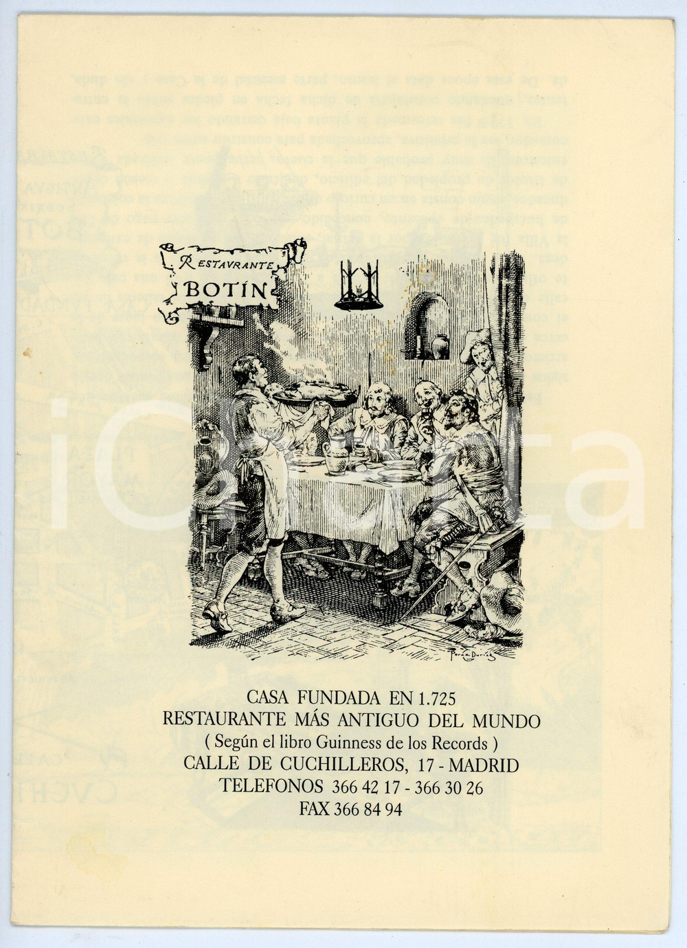 Oggetto da collezione cartaceo 1990 ca MADRID Calle de cuchilleros 17 RESTAURANTE BOTIN Menu 16x22 cm 1