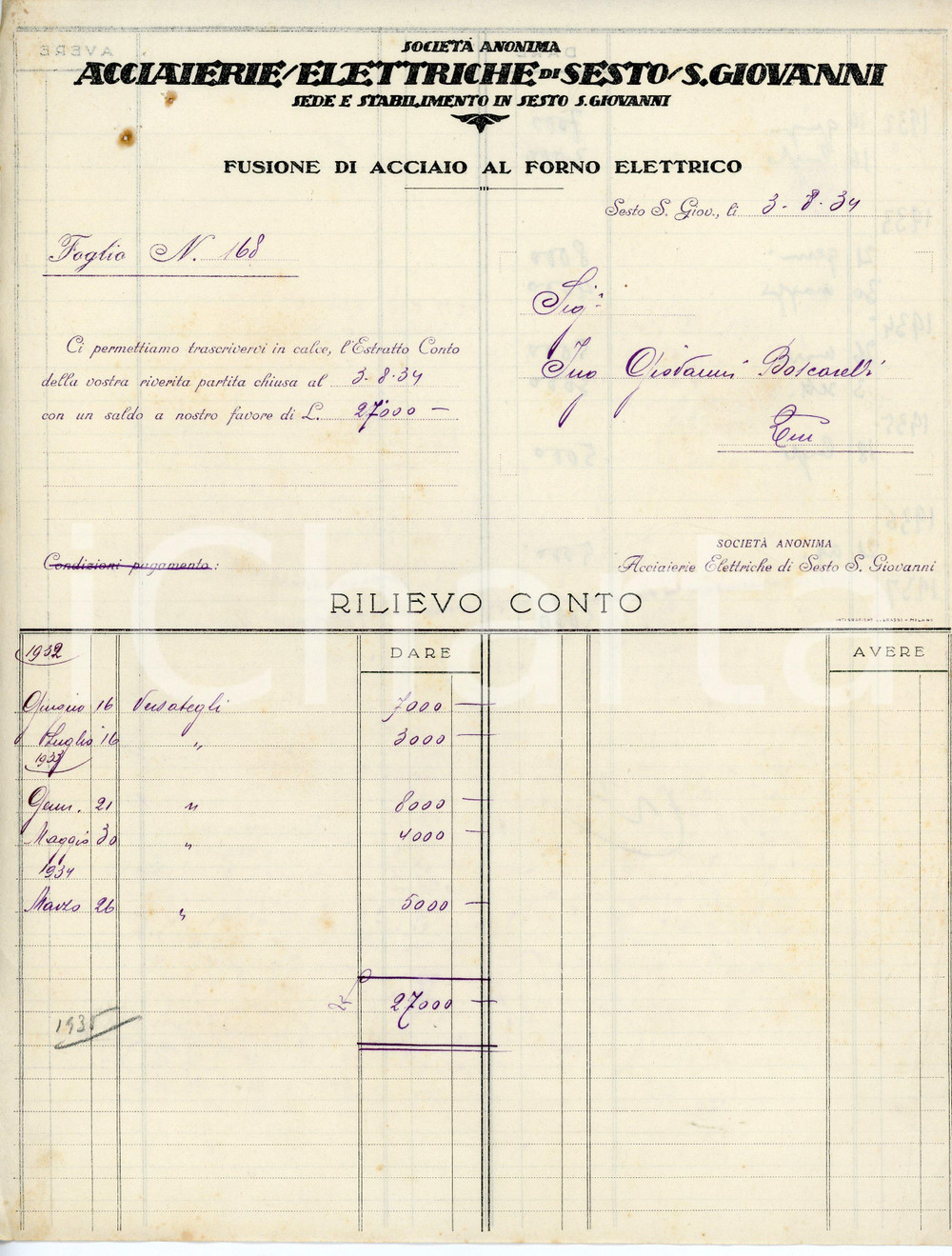 Documento originale, autentico 1934 SESTO SAN GIOVANNI Acciaierie elettriche  Rilievo conto 22x28 cm 1