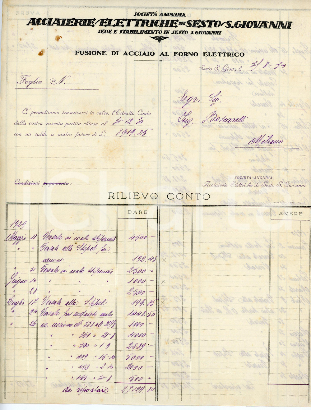 Documento originale, autentico 1934 SESTO SAN GIOVANNI Acciaierie elettriche  Rilievo conto 22x28 cm 1 1