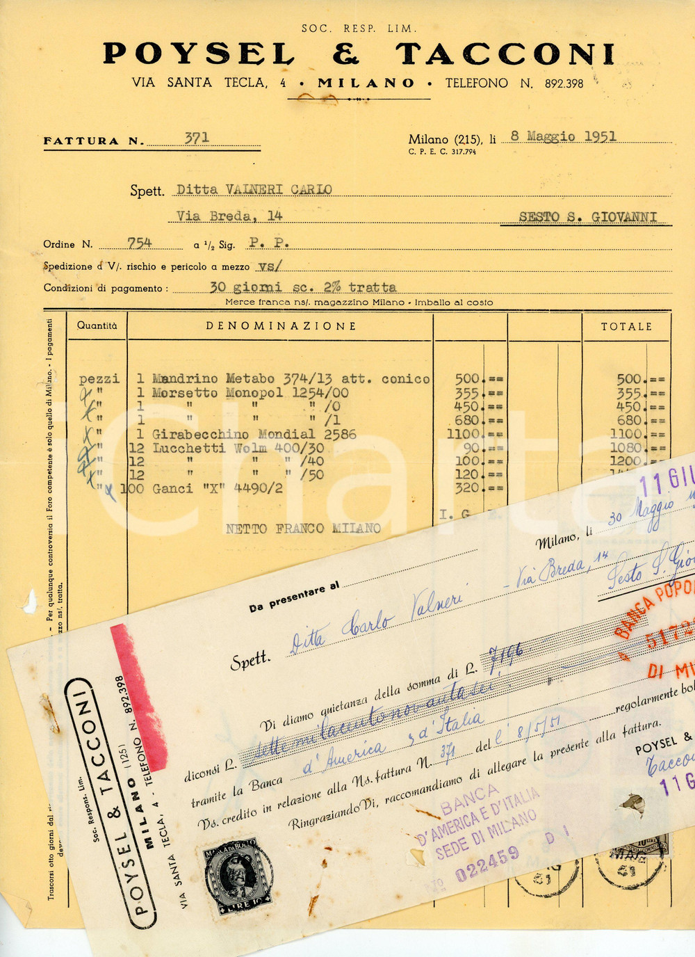 Documento originale, autentico 1951 MILANO Via Santa Tecla 4 POYSEL E TACCONI Fattura per lucchetti WOLM 1