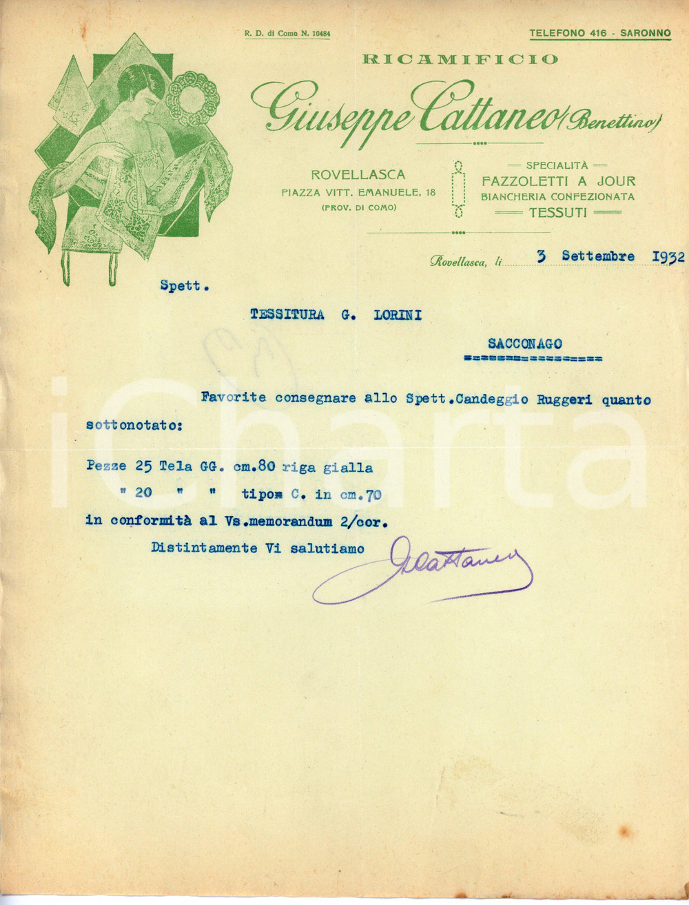 Oggetto da collezione cartaceo 1932 ROVELLASCA Ricamificio Giuseppe CATTANEO Lettera commerciale 1