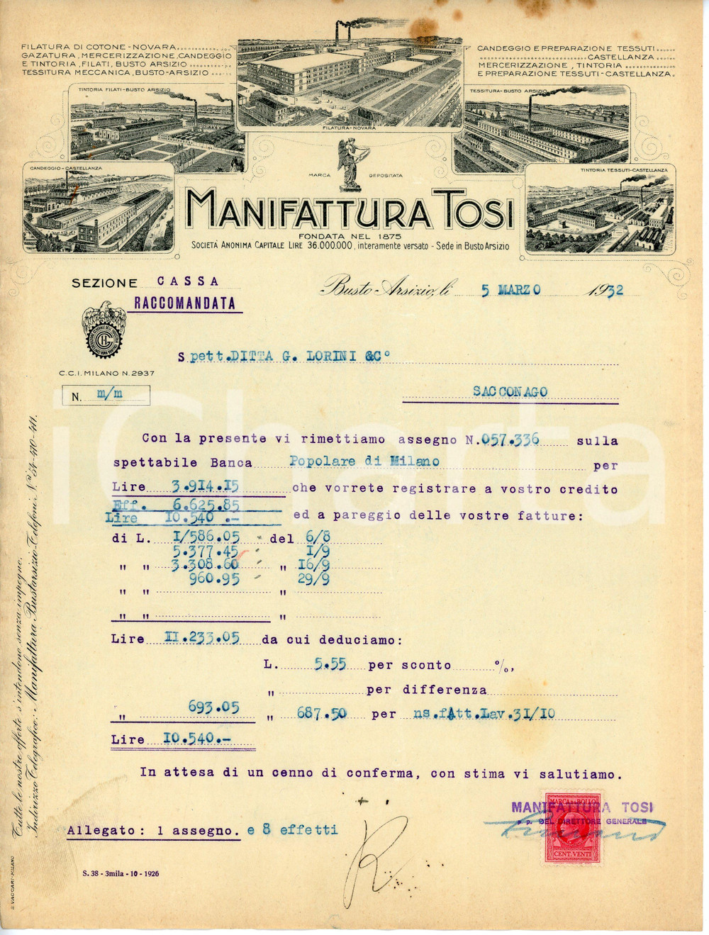 Documento originale, autentico 1932 BUSTO ARSIZIO Manifattura TOSI Lettera commerciale con distinta 1