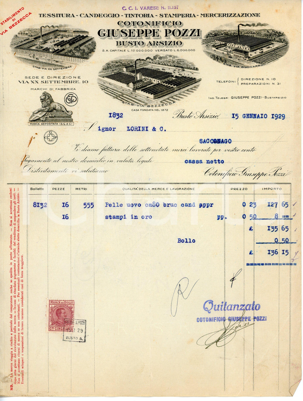 Documento originale, autentico 1929 BUSTO ARSIZIO Via Bezzecca  Cotonificio Giuseppe POZZI Fattura 1