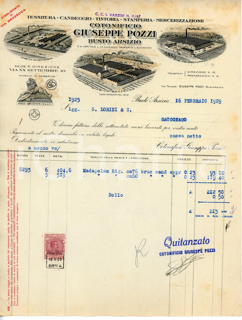 Documento originale, autentico 1929 BUSTO ARSIZIO Via Bezzecca  Cotonificio Giuseppe POZZI Fattura madapolam 1
