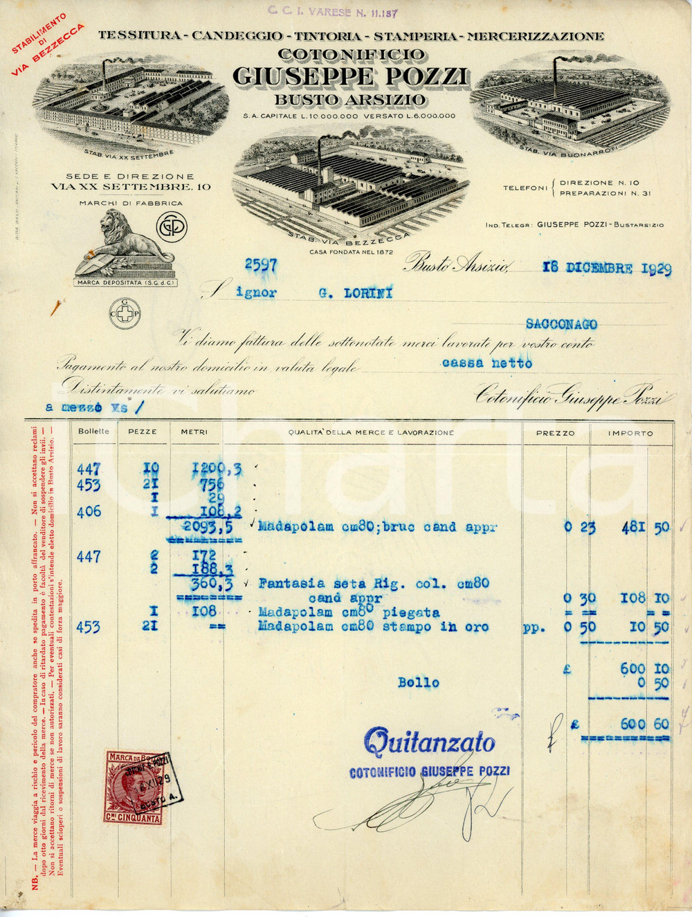 Documento originale, autentico 1929 BUSTO ARSIZIO Via Bezzecca  Cotonificio Giuseppe POZZI Fattura madapolam 1 1