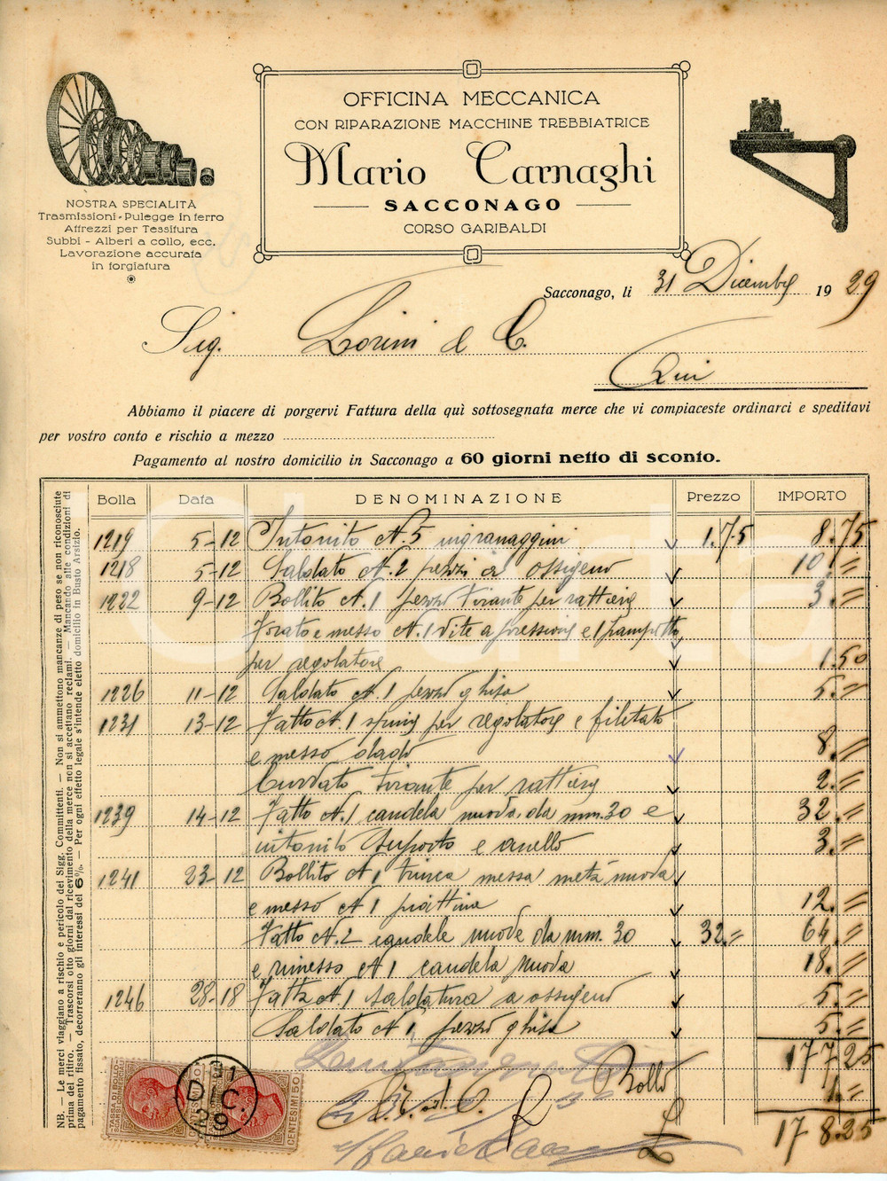 Documento originale, autentico 1929 SACCONAGO Officina meccanica Mario CARNAGHI Fattura 22x28 cm 1
