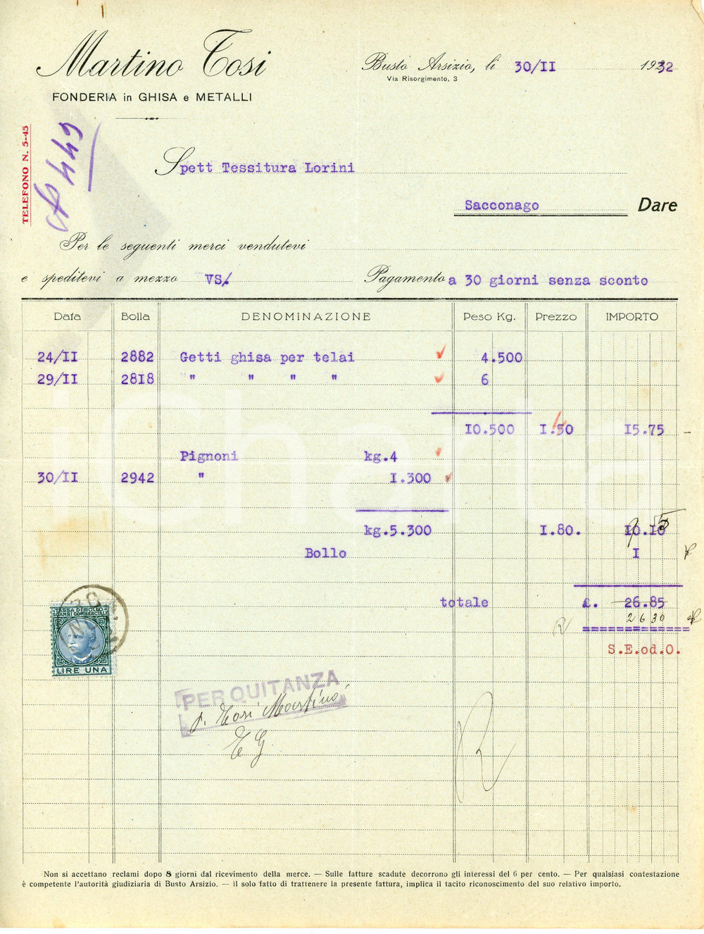 Documento originale, autentico 1932 BUSTO ARSIZIO Fonderia Martino TOSI Fattura per getti di ghisa e pignoni 1