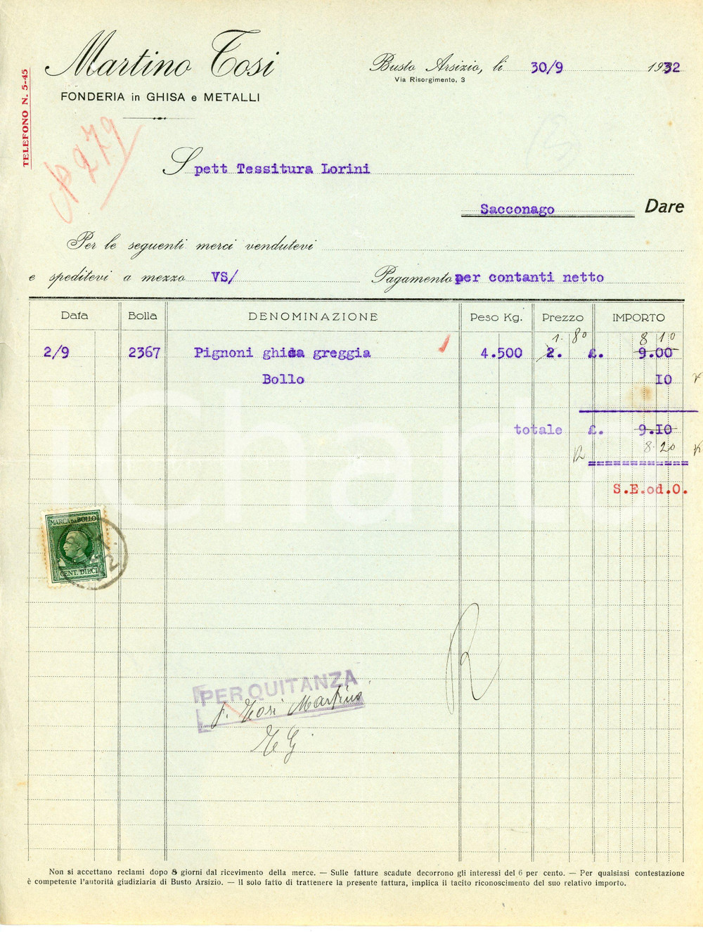 Documento originale, autentico 1932 BUSTO ARSIZIO Fonderia Martino TOSI Fattura per pignoni in ghisa greggia 1