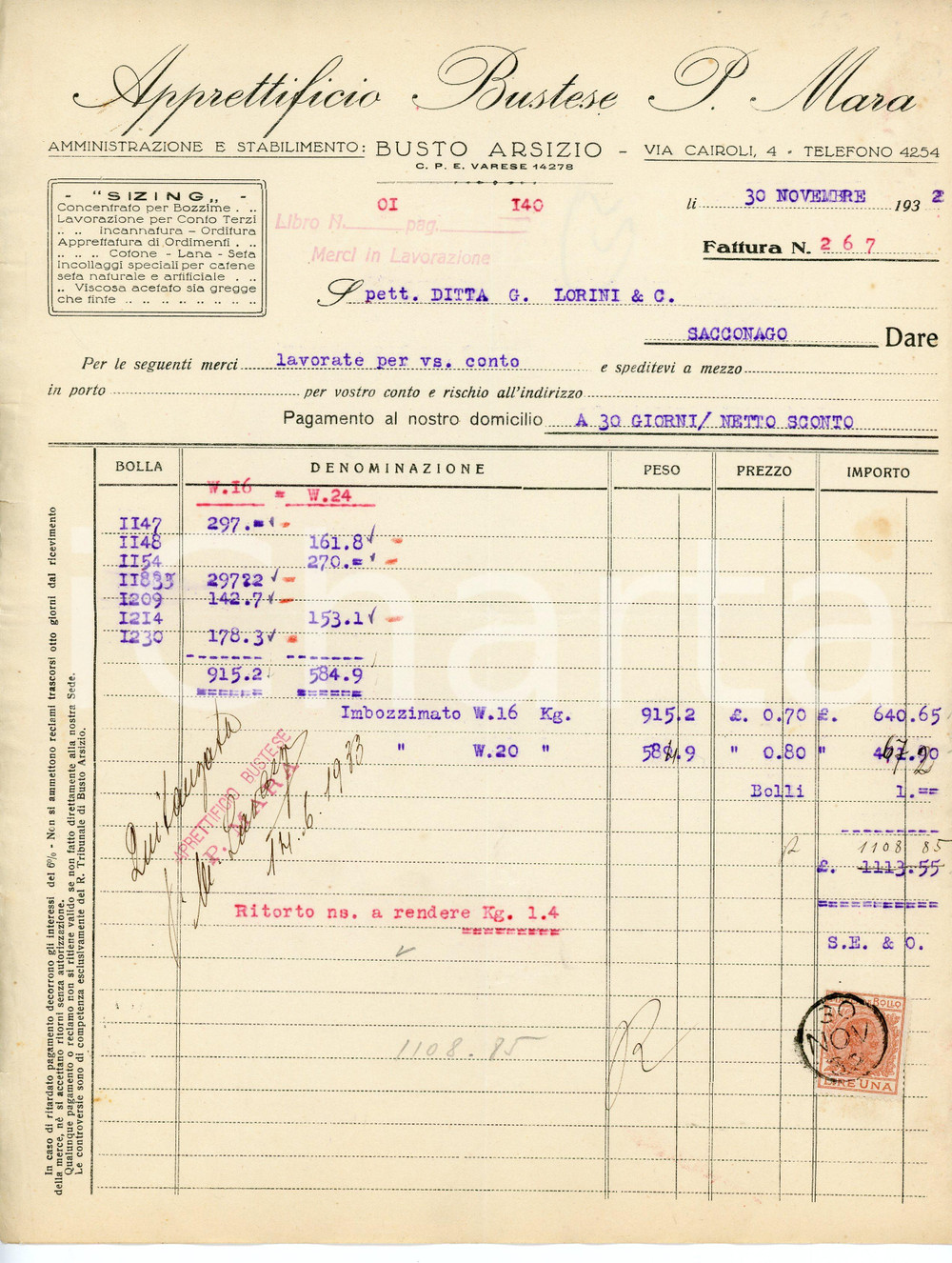 Documento originale, autentico 1932 BUSTO ARSIZIO Via Cairoli 4  Apprettificio bustese P. MARA Fattura 1