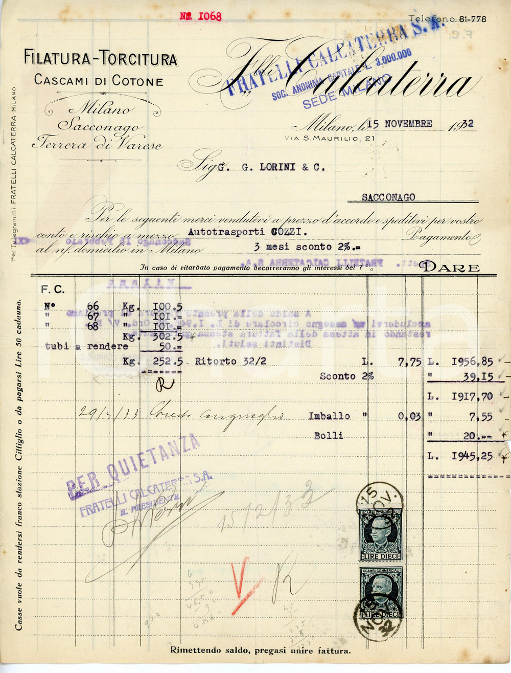 Documento originale, autentico 1932 MILANO Via San Maurilio 21 Fratelli CALCATERRA Cascami di cotone  Fattura 1