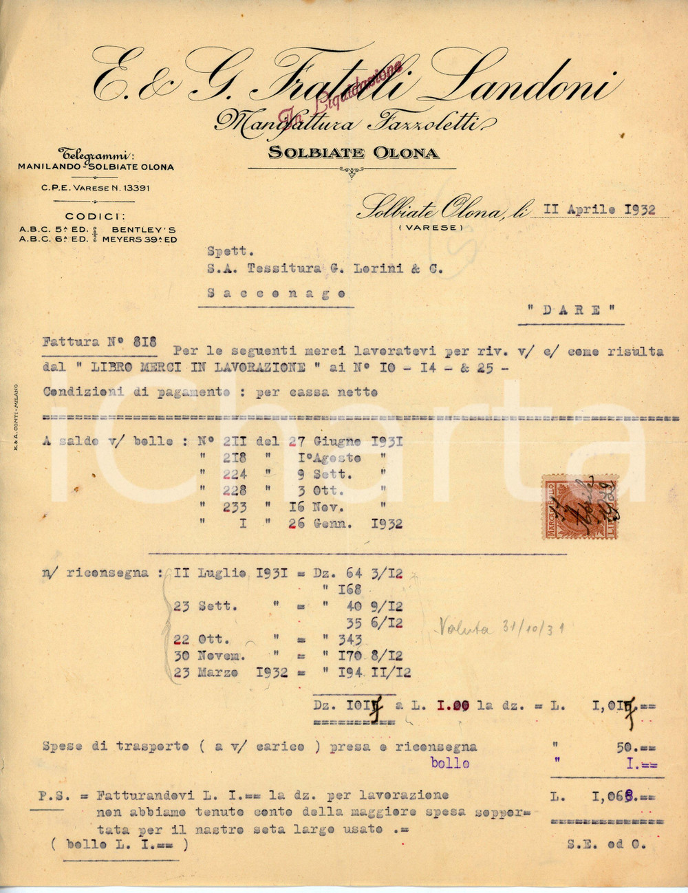 Documento originale, autentico 1932 SOLBIATE OLONA Manifattura fazzoletti FRATELLI E. E G. LANDONI Fattura 1