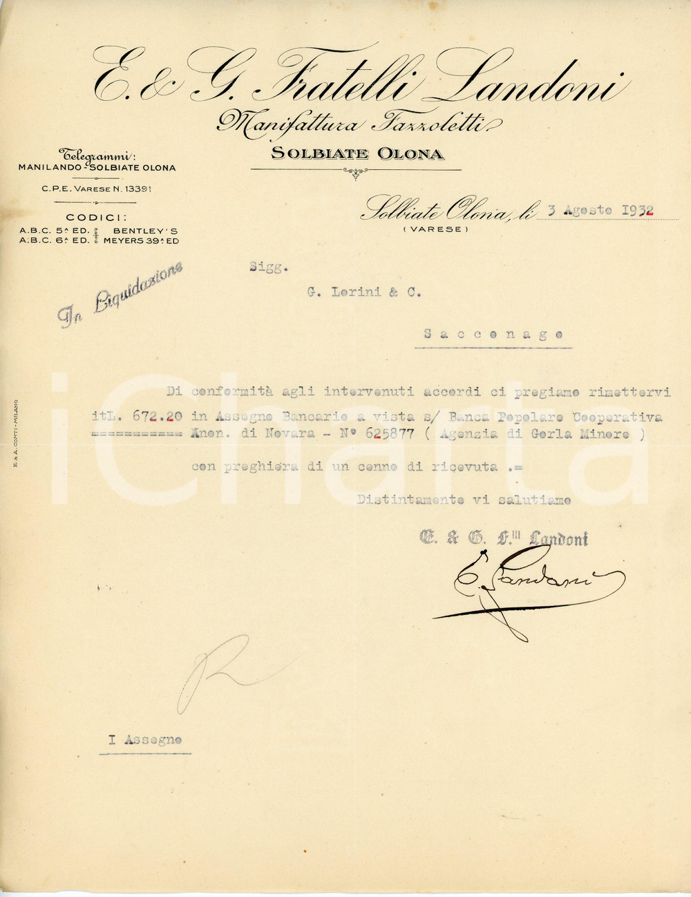 Documento originale, autentico 1932 SOLBIATE OLONA Manifattura fazzoletti FRATELLI E. E G. LANDONI Lettera 1
