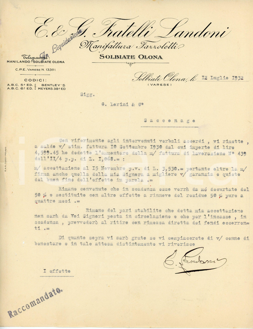 Documento originale, autentico 1932 SOLBIATE OLONA Manifattura fazzoletti FRATELLI E. E G. LANDONI Lettera 1 1