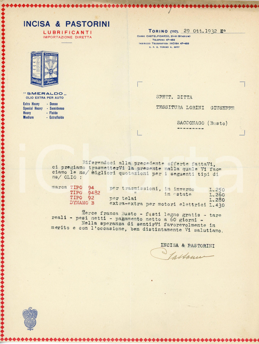 Documento originale, autentico 1932 TORINO Lubrificanti INCISA E PASTORINI Preventivo per olio per motori 1