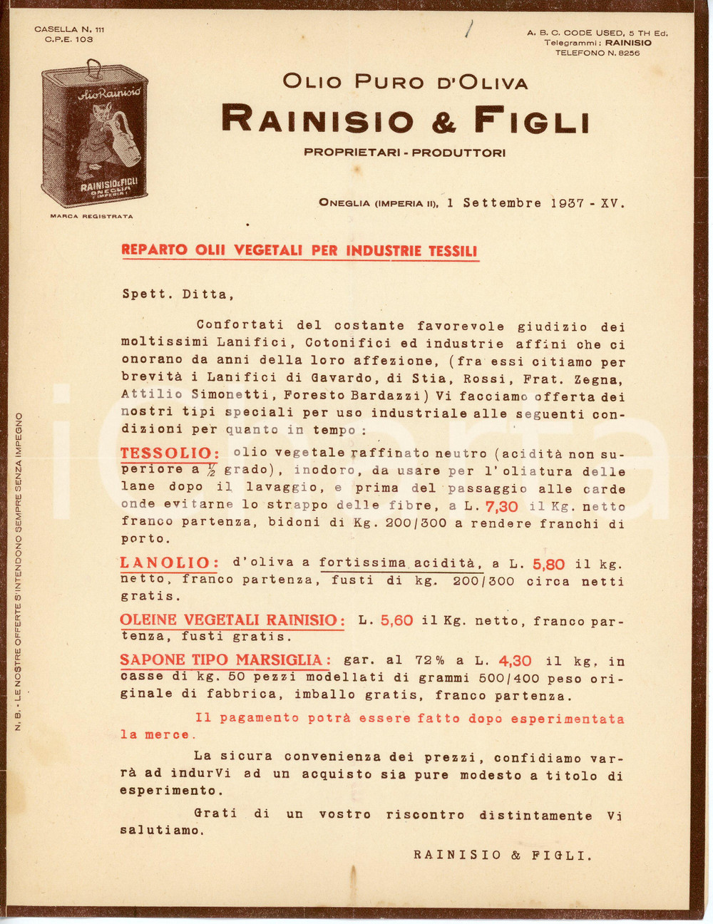 Documento originale, autentico 1937 ONEGLIA  RAINISIO E FIGLI Olii vegetali per industrie tessili  Lettera 1