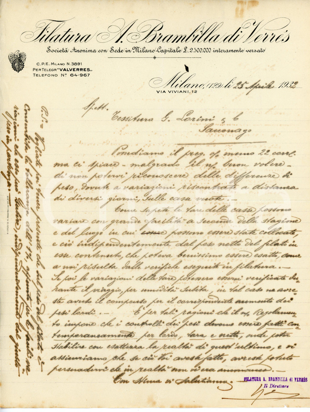 Documento originale, autentico 1932 MILANO Via Viviani 12 Filatura A. BRAMBILLA DI VERRES Lettera commerciale 1