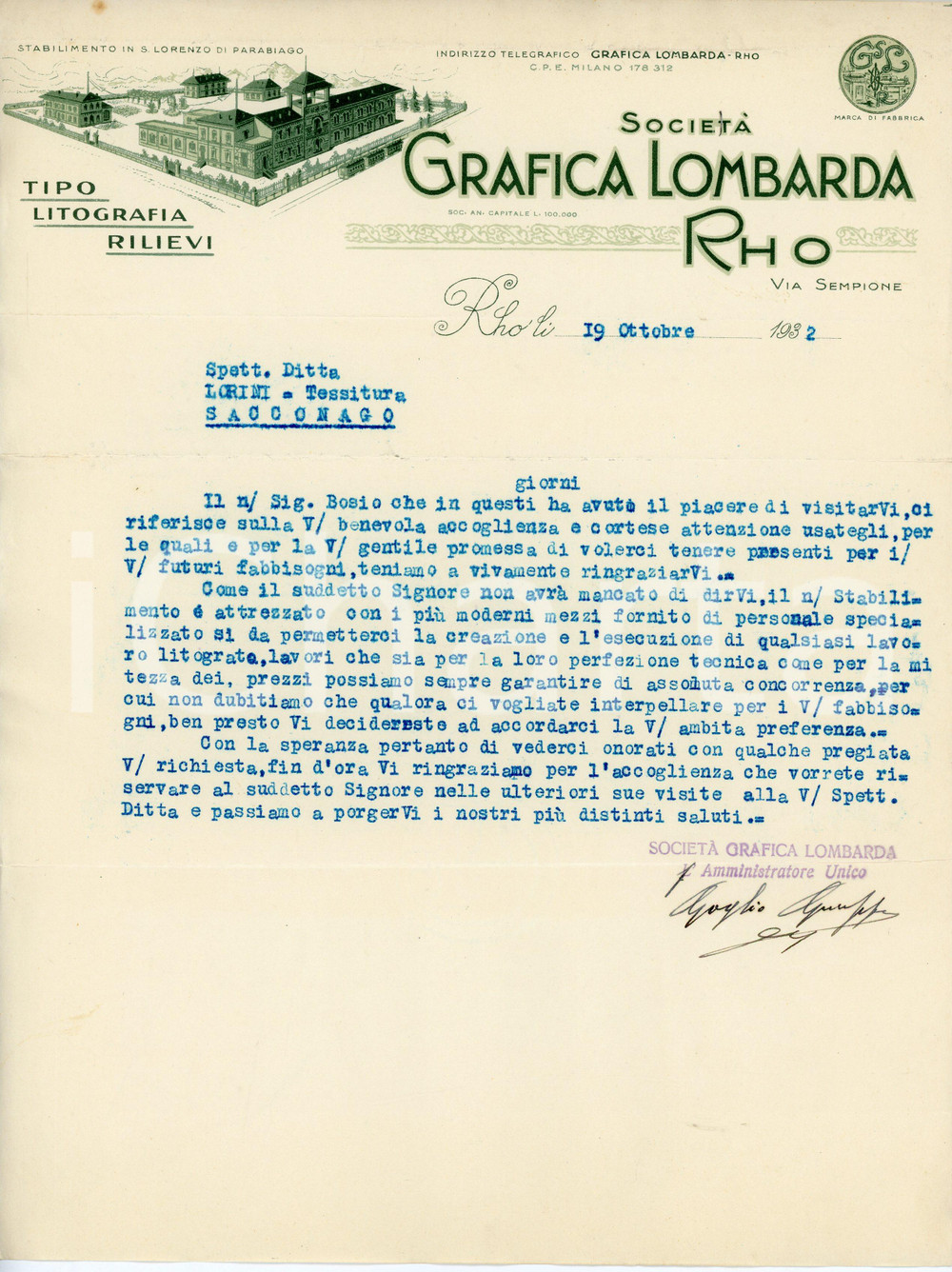 Documento originale, autentico 1932 RHO Via Sempione  Società Grafica Lombarda  Lettera commerciale 1