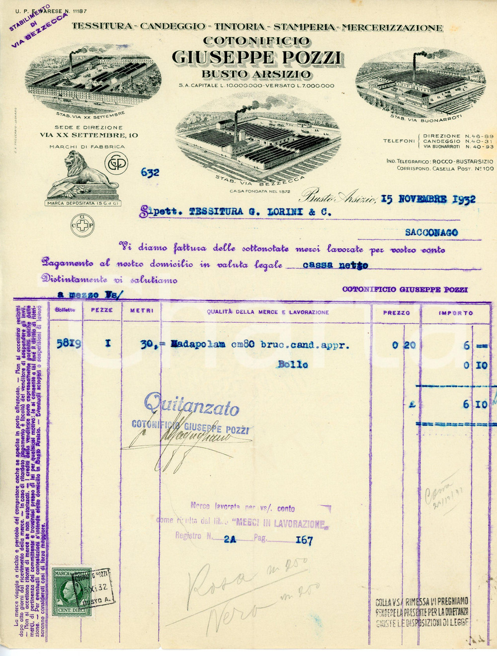 Documento originale, autentico 1932 BUSTO ARSIZIO Via Bezzecca  Cotonificio Giuseppe POZZI Fattura madapolam 1