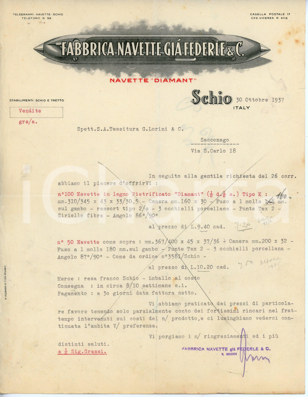 Documento originale, autentico 1937 SCHIO Fabbrica navette già FEDERLE Preventivo navette DIAMANT 1