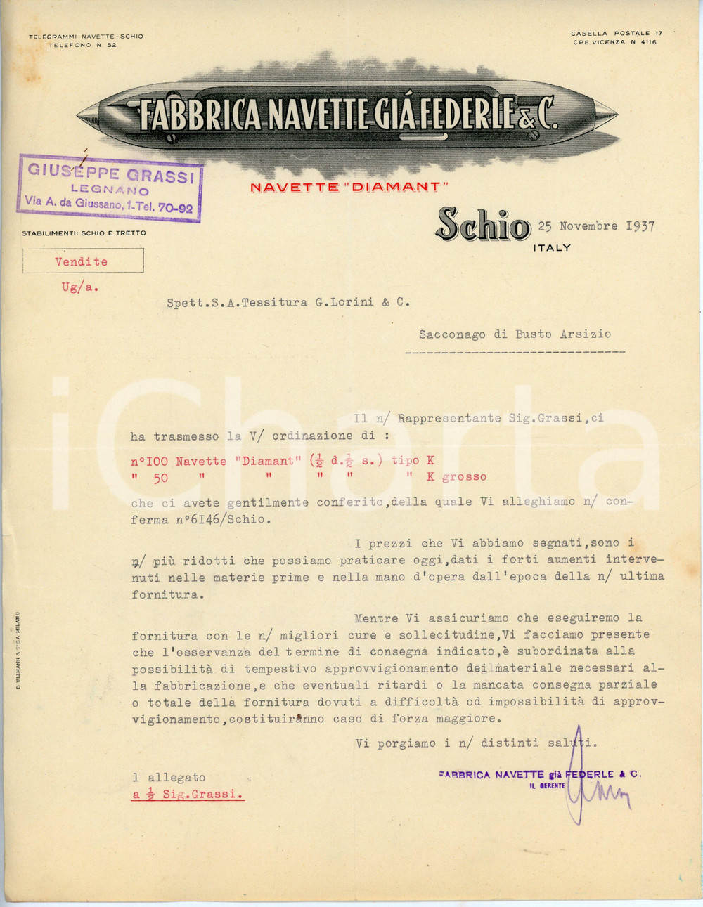 Documento originale, autentico 1937 SCHIO Fabbrica navette già FEDERLE Lettera commerciale Navette DIAMANT 1