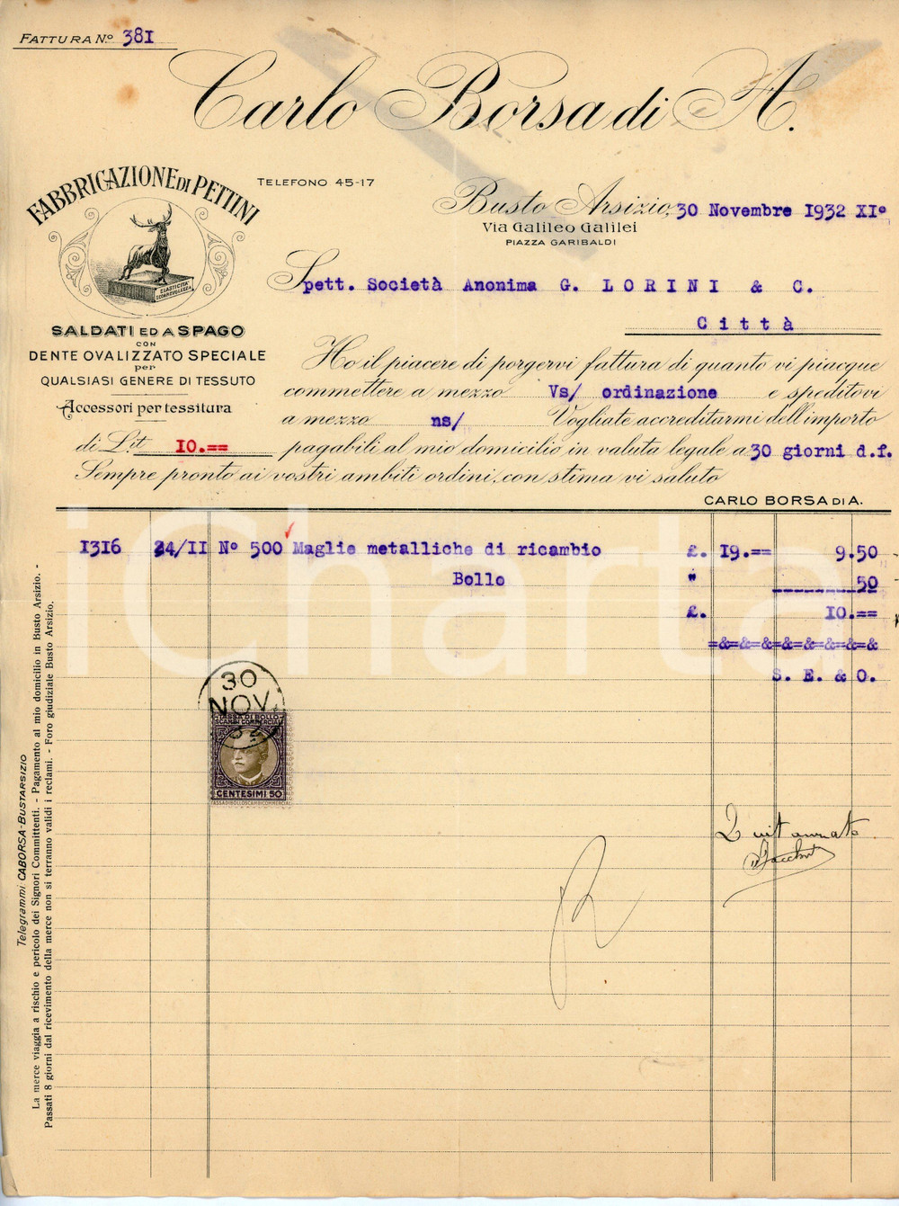 Documento originale, autentico 1932 BUSTO ARSIZIO Accessori per tessitura Carlo BORSA Fattura maglie metalliche 1