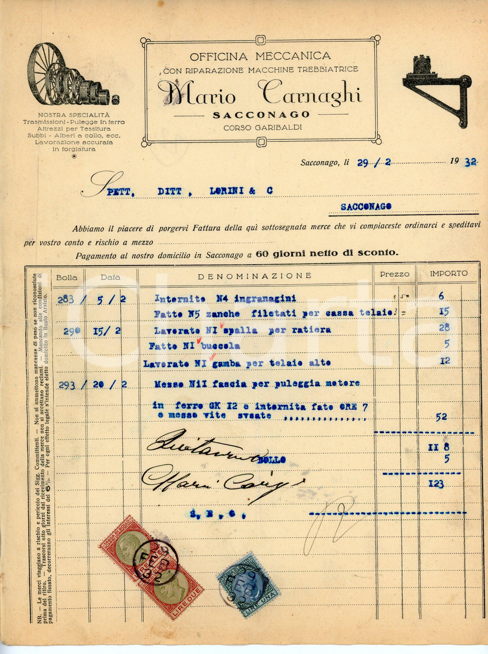 Documento originale, autentico 1932 SACCONAGO Officina meccanica Mario CARNAGHI Fattura 22x28 cm 1