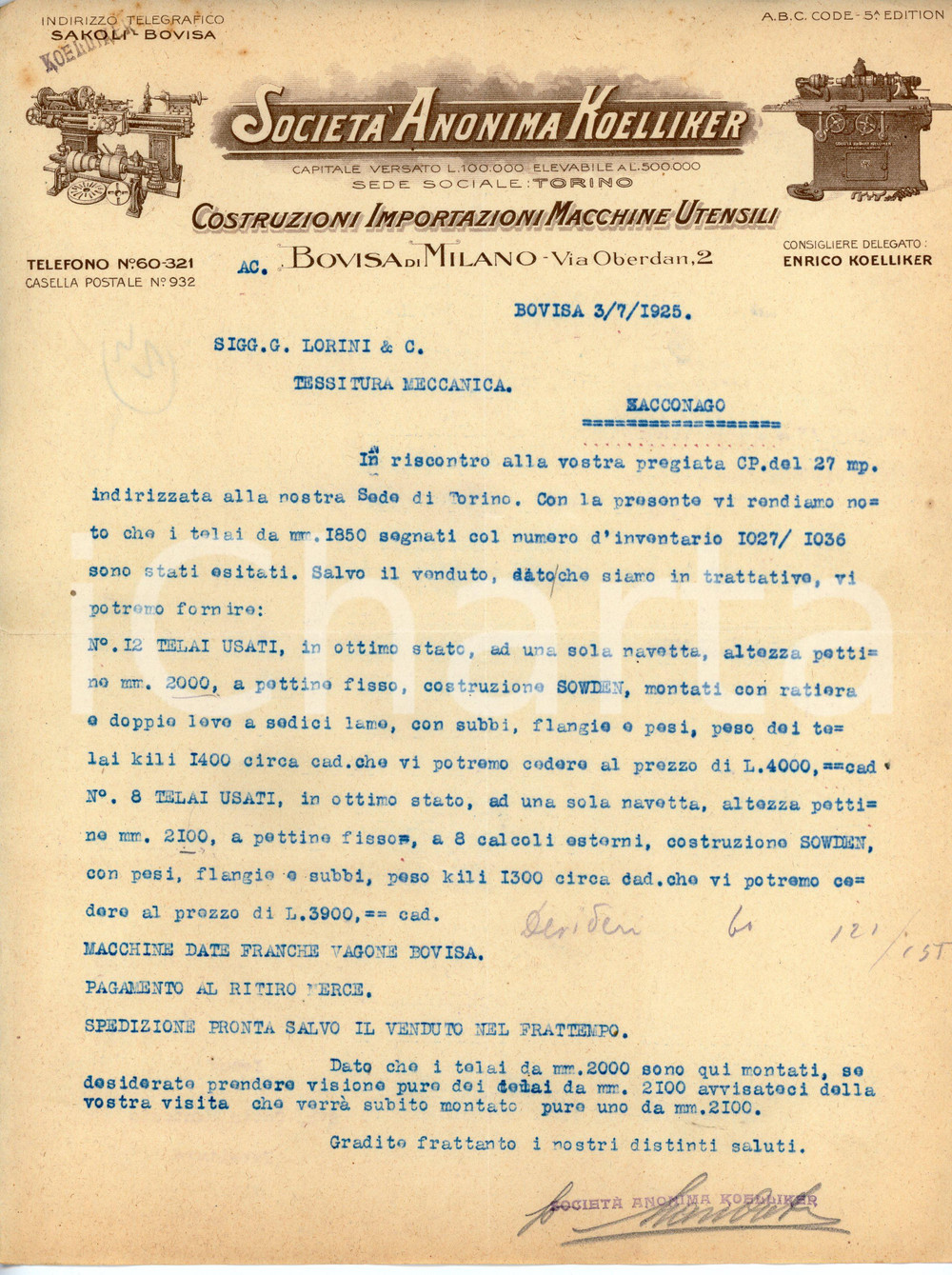 Documento originale, autentico 1925 MILANO  BOVISA Società anonima KOELLIKER Macchine utensili  Lettera 1