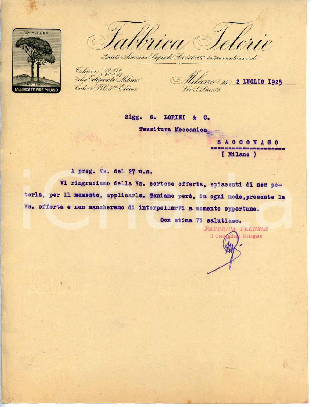 Documento originale, autentico 1925 MILANO Via San Siro 33  Fabbrica telerie  Lettera commerciale 1