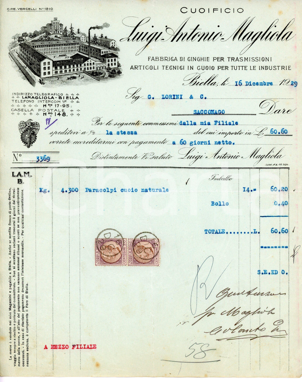 Documento originale, autentico 1929 BIELLA Cuoificio Luigi Antonio MAGLIOLA Fattura per paracolpi 1