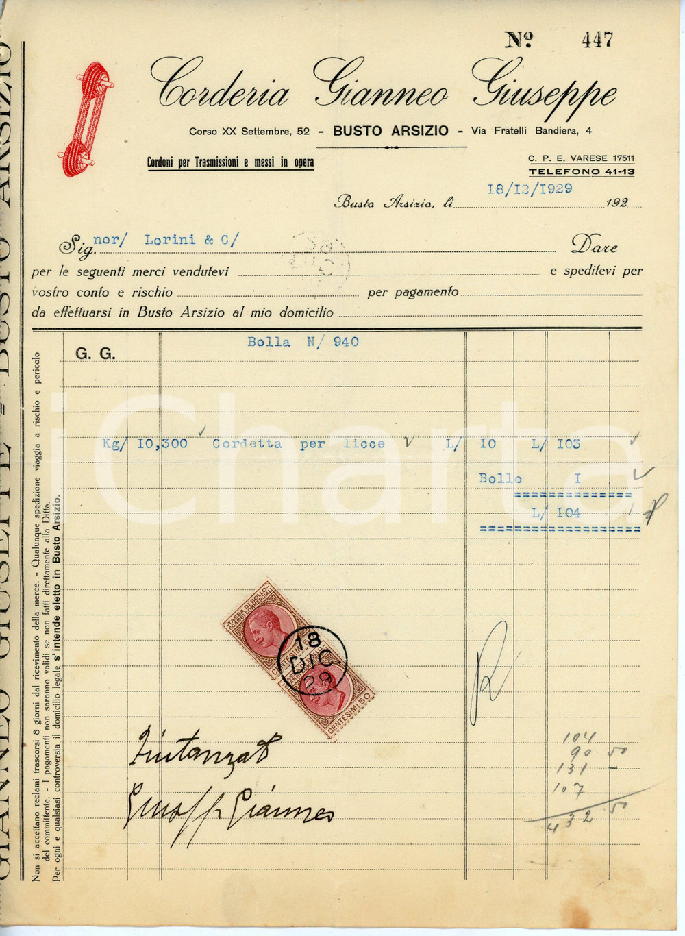 Documento originale, autentico 1929 BUSTO ARSIZIO Corso XX Settembre 52 Corderia Giuseppe GIANNEO Fattura 1