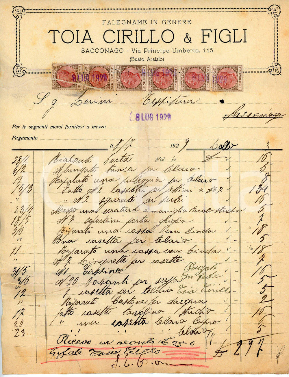 Documento originale, autentico 1929 BUSTO ARSIZIO Frazione SACCONAGO Falegname Cirillo TOIA E FIGLI Fattura 1