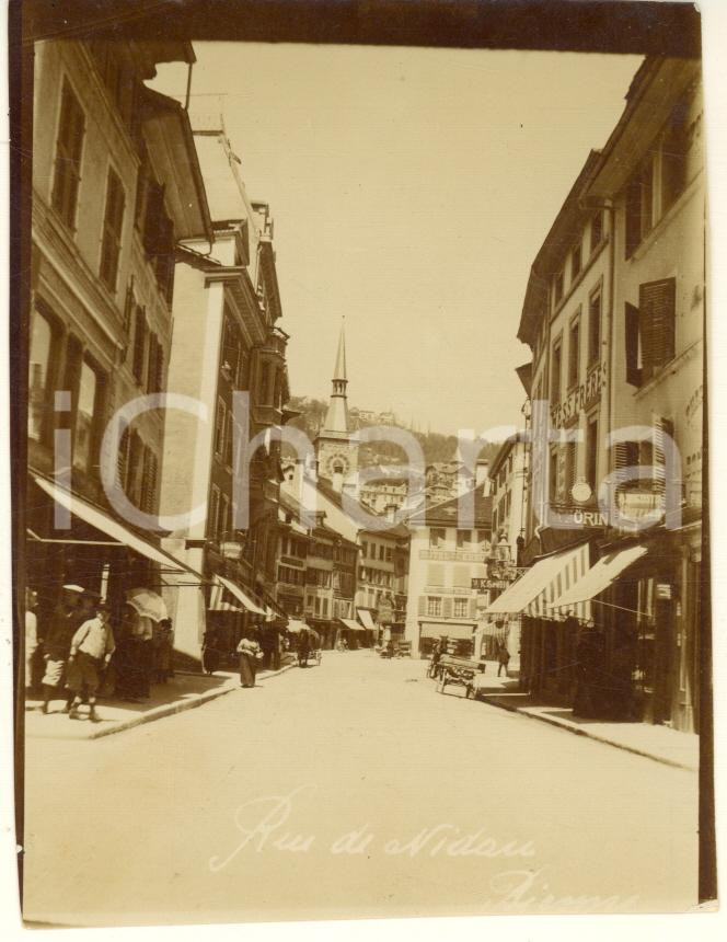 Fotografia d epoca originale 1910 ca BIENNE SVIZZERA  Rue de Nidau Foto ANIMATA VINTAGE 8x11 cm 1