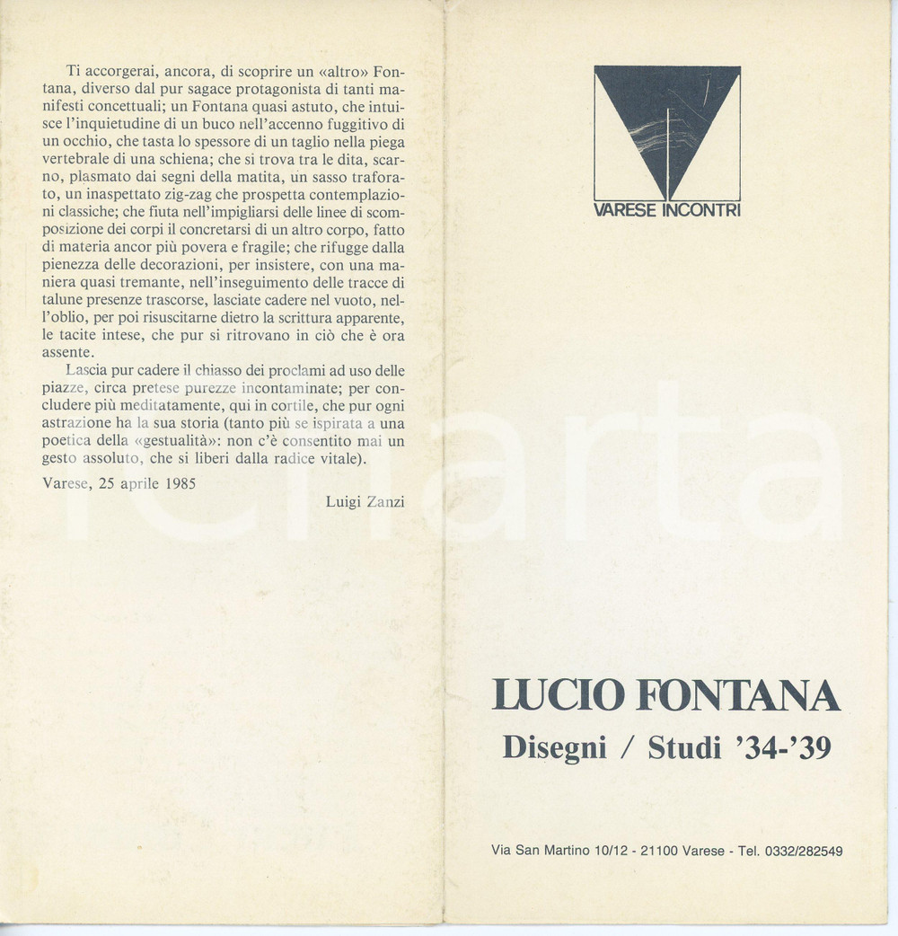 Materiale pubblicitario d’epoca 1985 VARESE INCONTRI Lucio Fontana  Disegni e studi  34   39 Pieghevole 1
