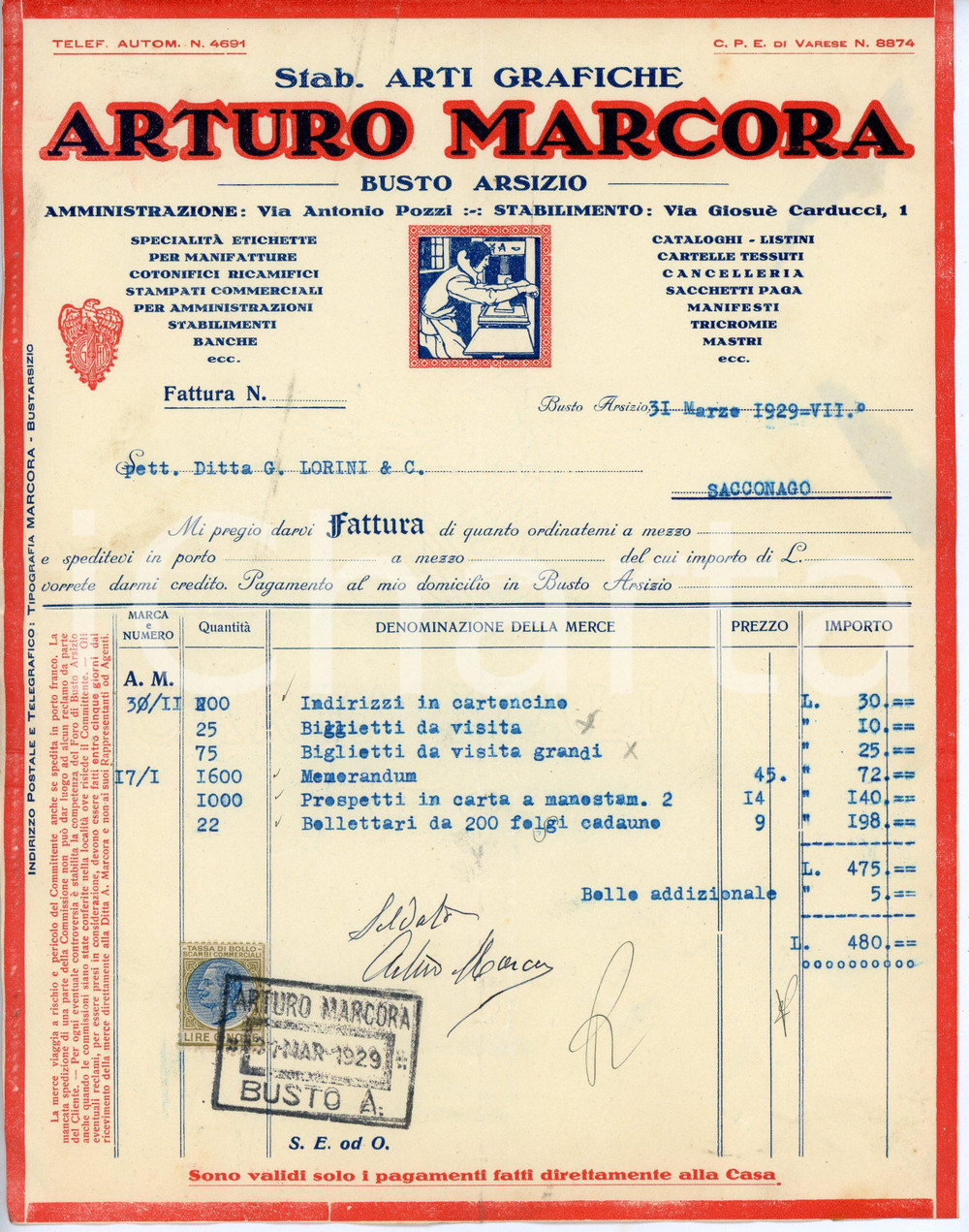 Documento originale, autentico 1929 BUSTO ARSIZIO Arti grafiche Arturo MARCORA Fattura per biglietti da visita 1