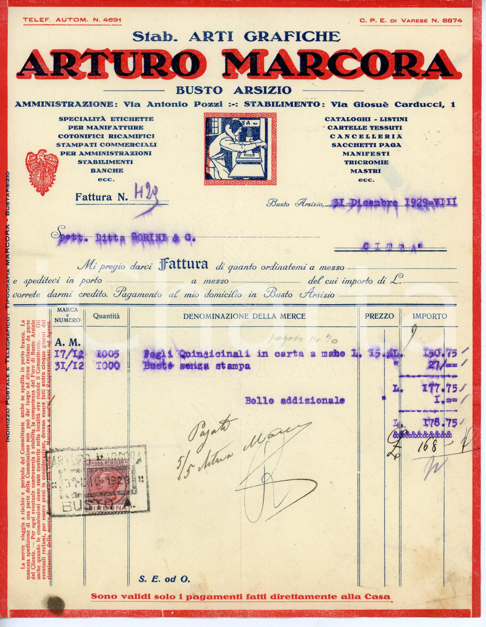 Documento originale, autentico 1929 BUSTO ARSIZIO Arti grafiche Arturo MARCORA Fattura per fogli quindicinali 1
