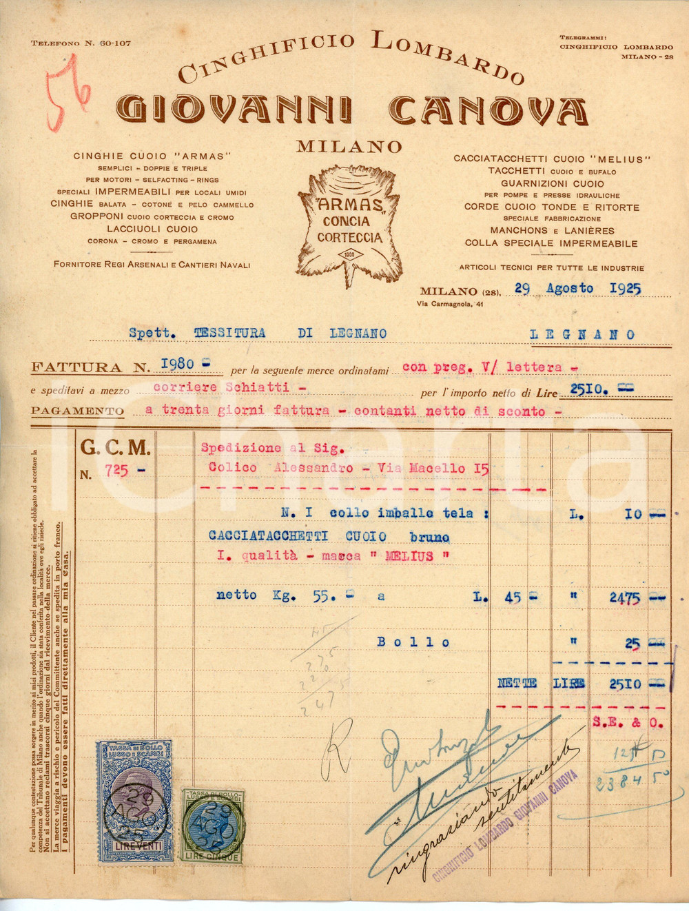 Documento originale, autentico 1925 MILANO Cinghificio lombardo Giovanni CANOVA Fattura cacciatacchetti MELIUS 1