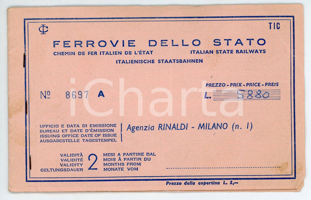 Oggetto da collezione cartaceo 1963 MILANO  AGENZIA RINALDI Carnet biglietti per Germania FERROVIE DELLO STATO 1