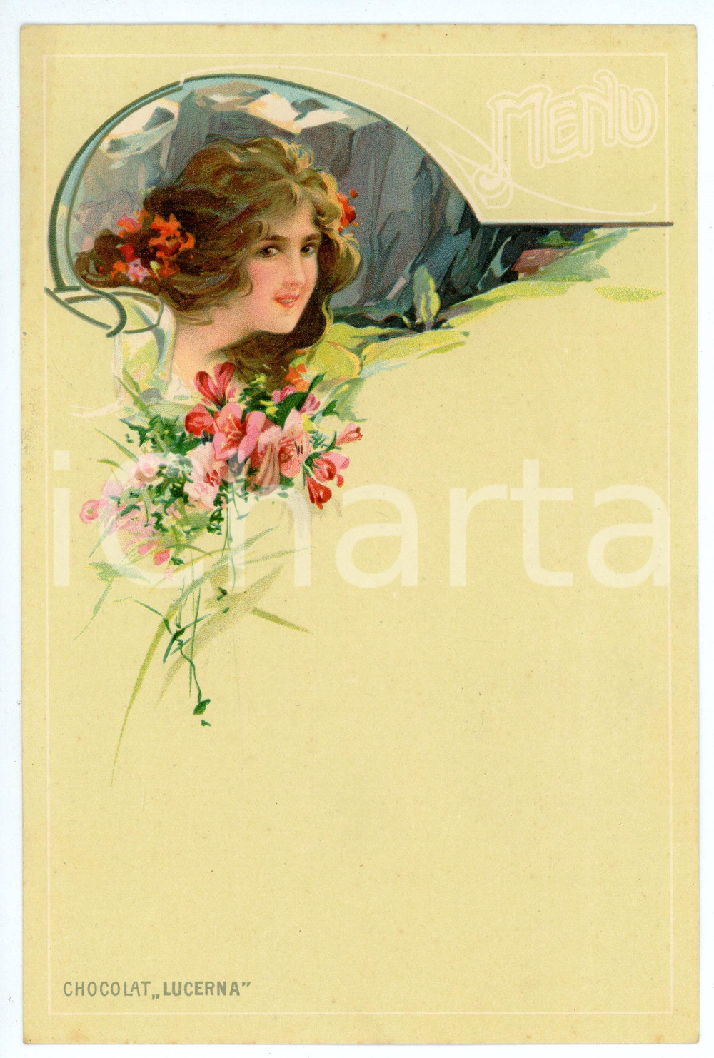 Oggetto da collezione cartaceo 1920 ca HOCHDORF Chocolat au lait suisse LUCERNA Menu 13x19 cm 1