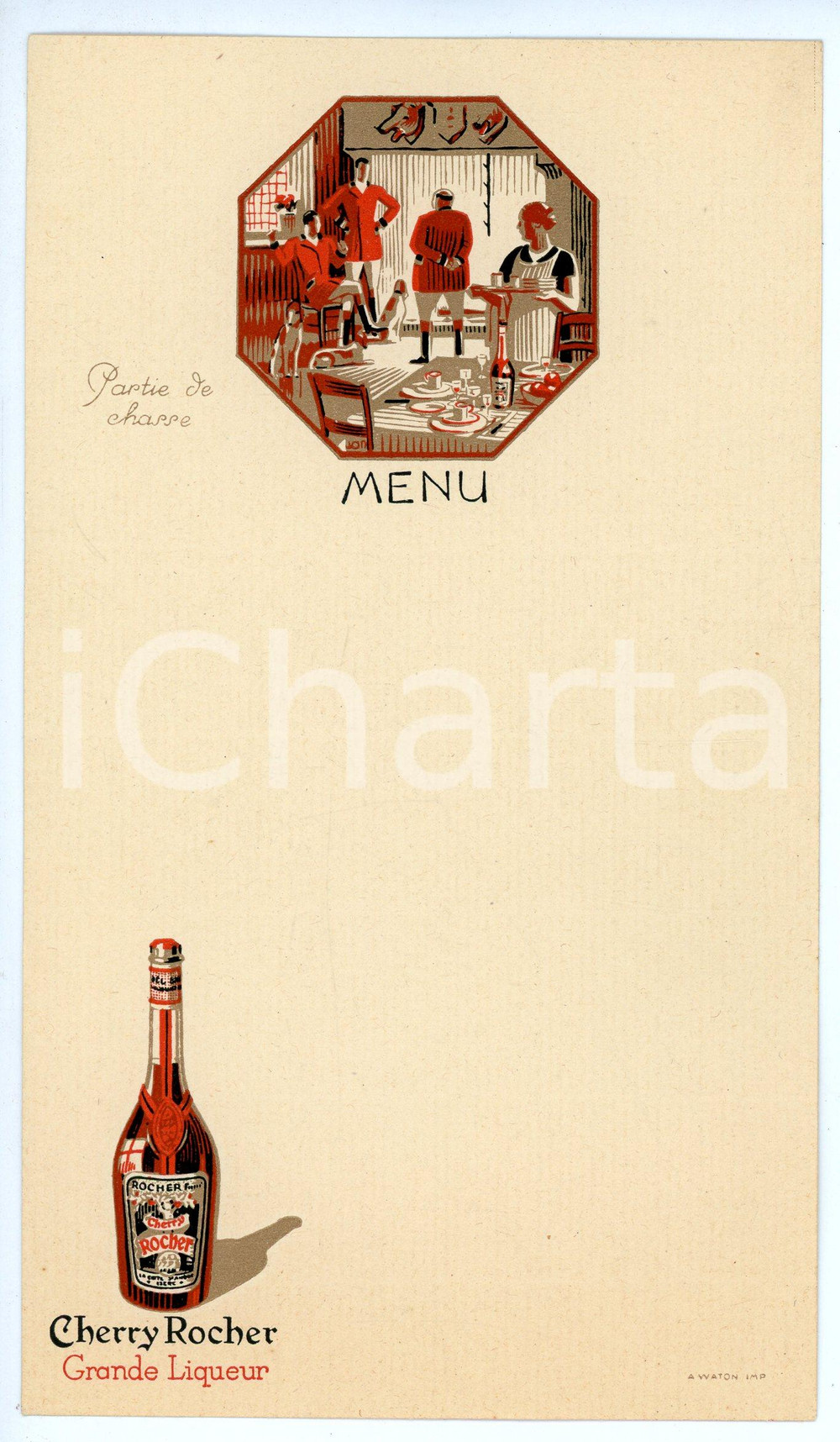 Oggetto da collezione cartaceo 1925 ca FRANCE  CHERRY ROCHER Grande Liqueur  Menù Partie de chasse Ill. JAN 1