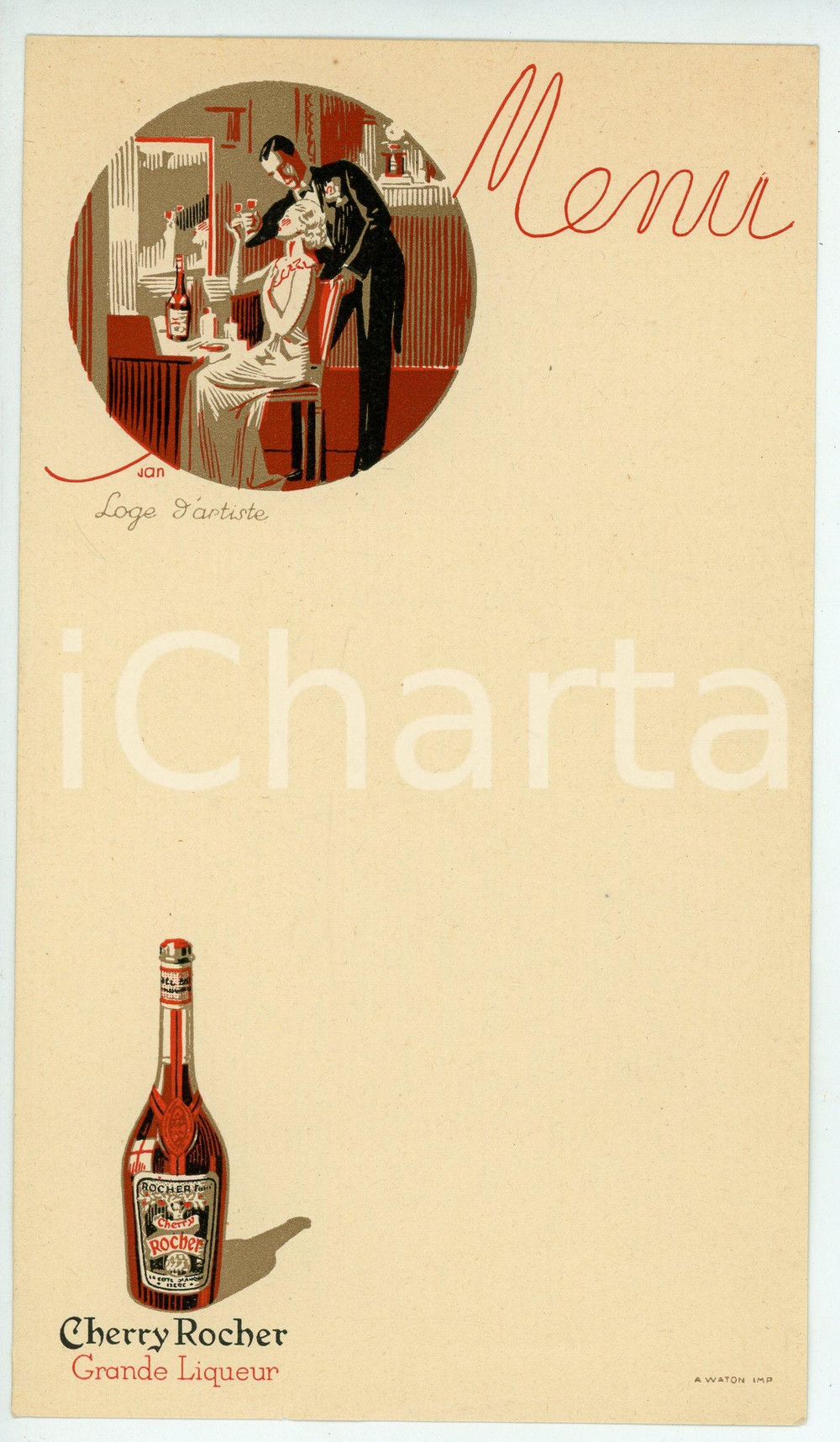 Oggetto da collezione cartaceo 1925 ca FRANCE  CHERRY ROCHER Grande Liqueur  Menù Loge d artiste Ill. JAN 1