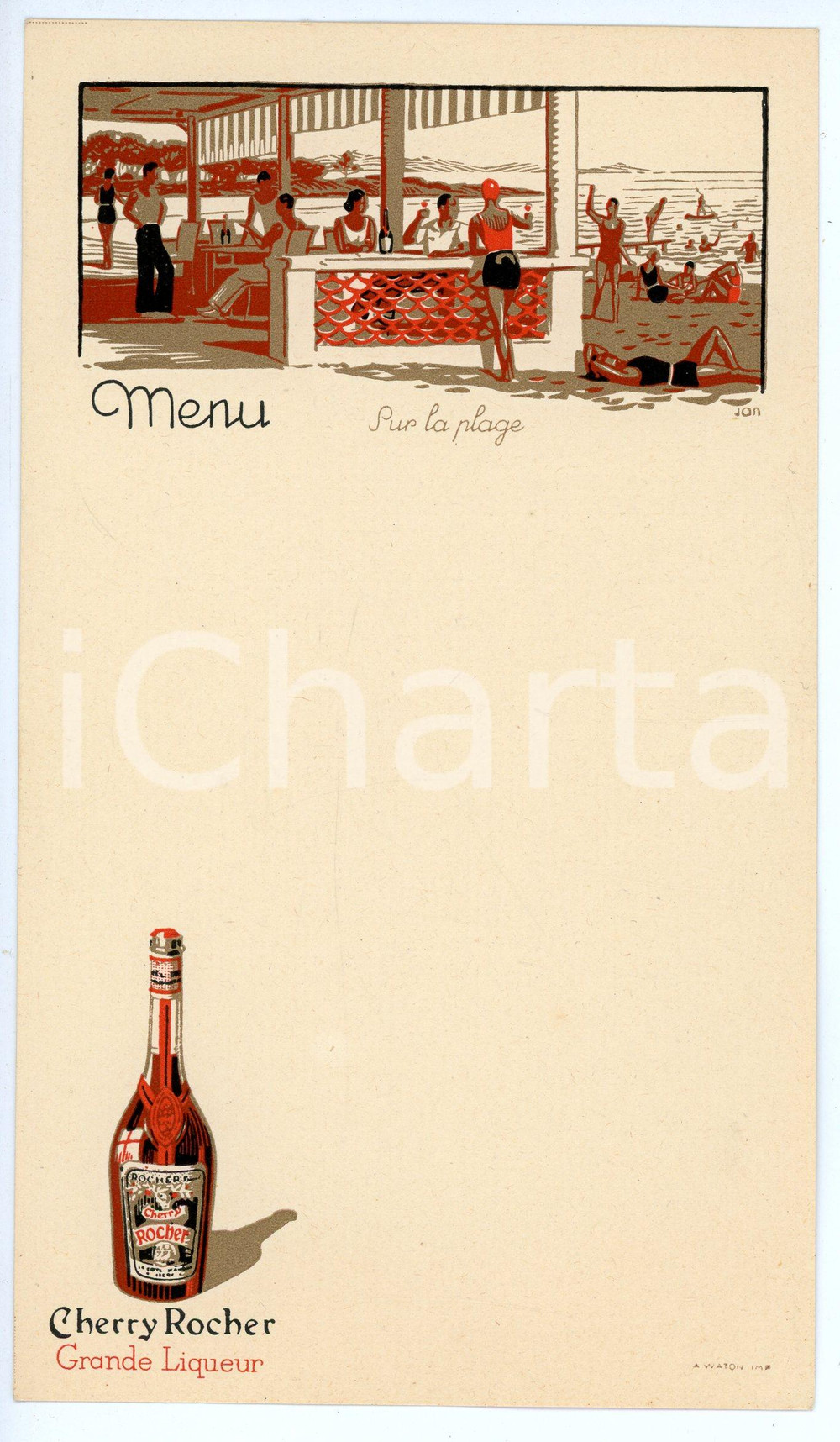 Oggetto da collezione cartaceo 1925 ca FRANCE  CHERRY ROCHER Grande Liqueur  Menù Sur la plage Ill. JAN 1