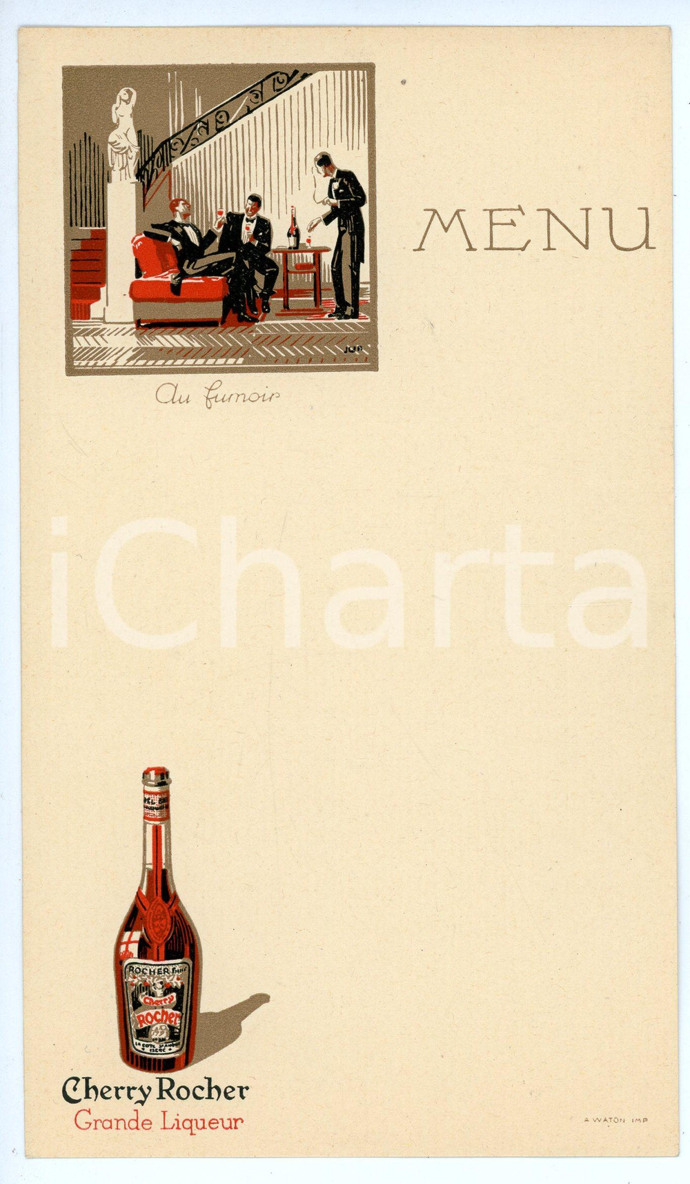 Oggetto da collezione cartaceo 1925 ca FRANCE  CHERRY ROCHER Grande Liqueur  Menù Au fumoir Ill. JAN 1