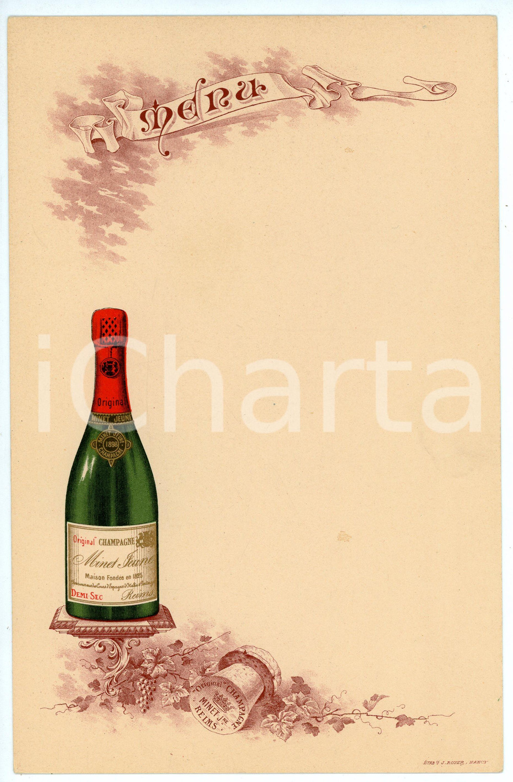 Oggetto da collezione cartaceo 1925 ca REIMS Original champagne MINET JEUNE Demisec Menù ILLUSTRATO 1