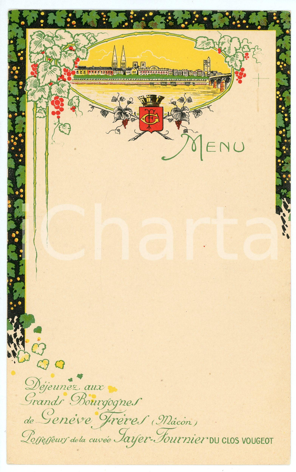 Oggetto da collezione cartaceo 1925 ca MACON FRANCE Grands Bourgognes de Genéve Fréres  Menù ILLUSTRATO 1